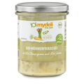 Jar of mydeli Bio-Hüühnerfrikassee with a white label on a white background