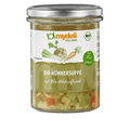 Jar of mydeli Bio-Hühnersuppe with a white background